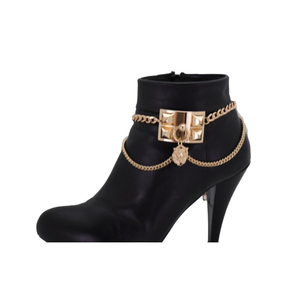 Women Gold Color Metal Chain Boot Bracelet Shoe Spikes Lion Charm Bling Jewelry